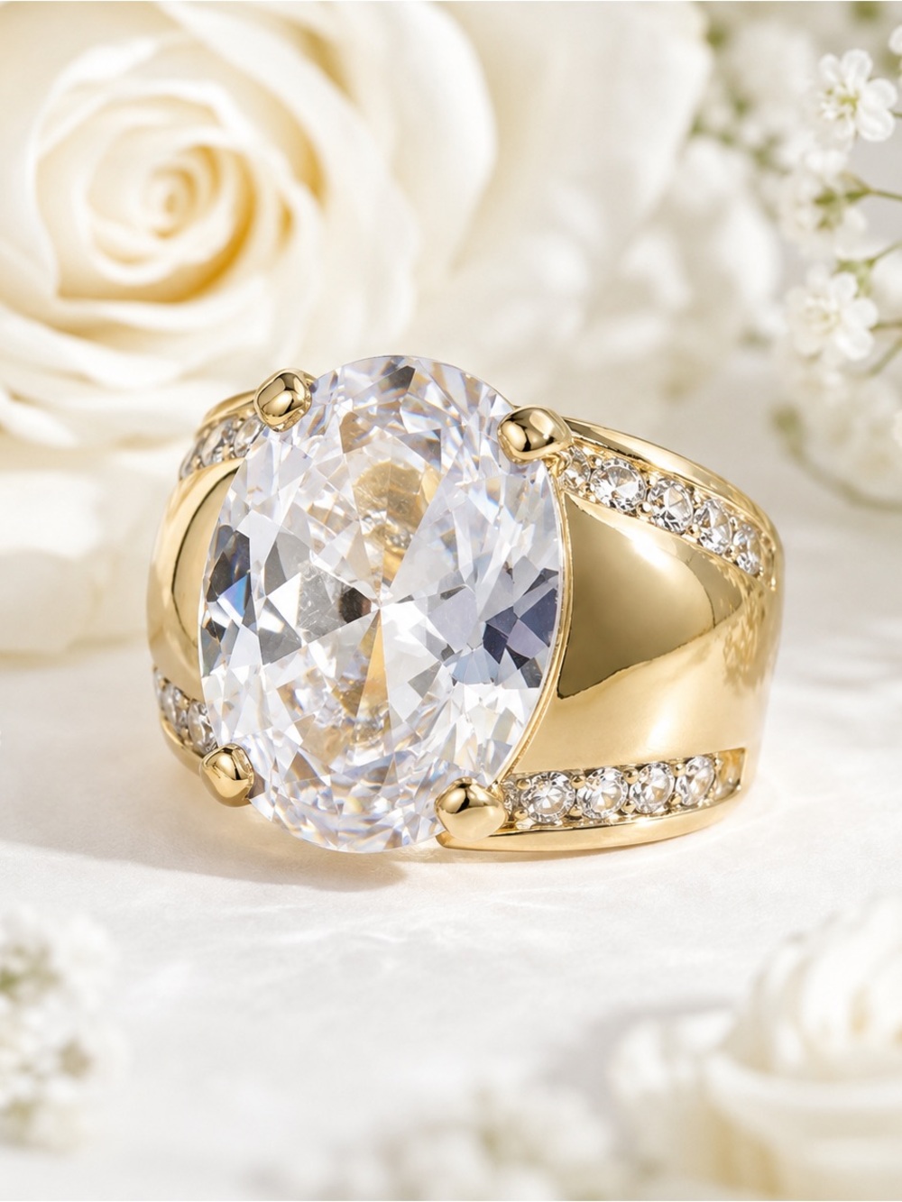 Gold Tone Women's Cocktail Ring with Clear Center Stone
